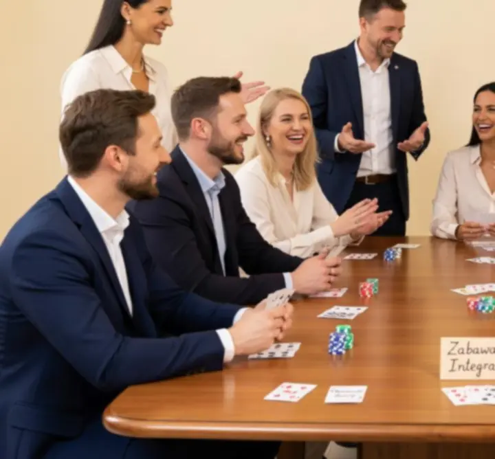 Goście bawiący się przy stołach z kartami podczas wieczoru integracyjnego