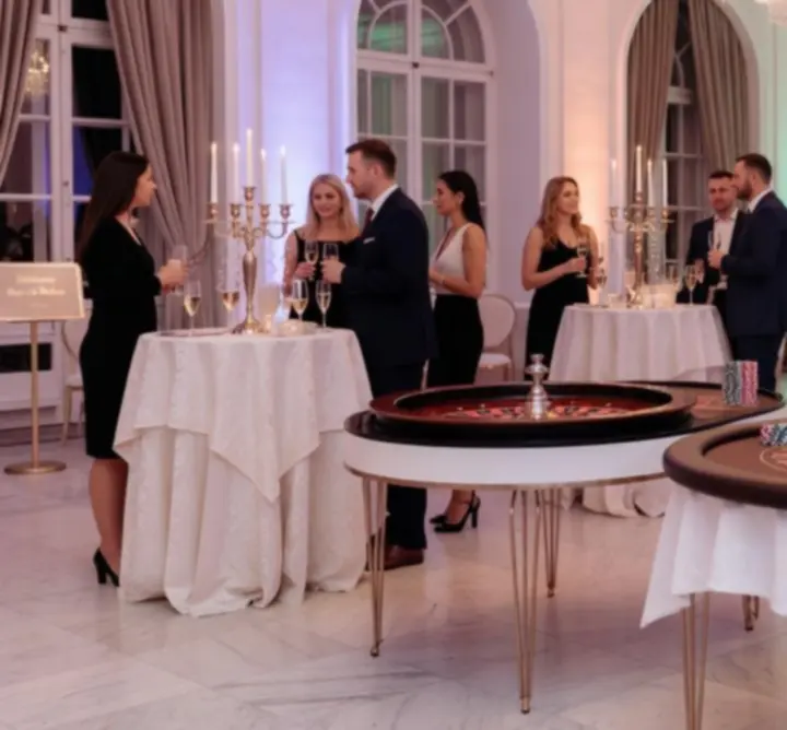 Elegancka aranżacja mobilnego stołu eventowego z kartami i dekoracjami