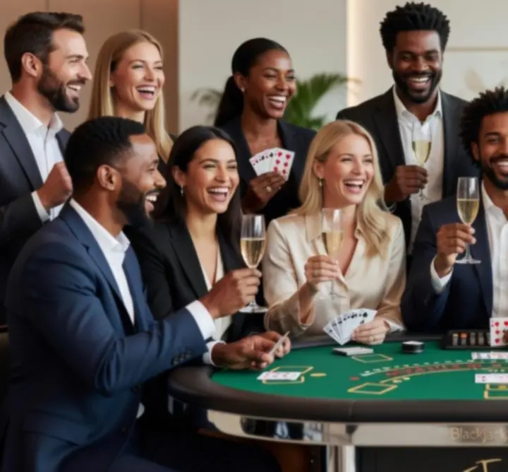 Grupa gości bawiących się przy stole blackjacka podczas eventu firmowego