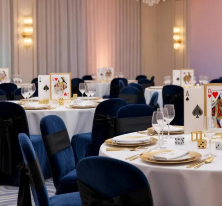 Dekoracje w stylu Las Vegas z motywami kart i świateł na eleganckiej gali