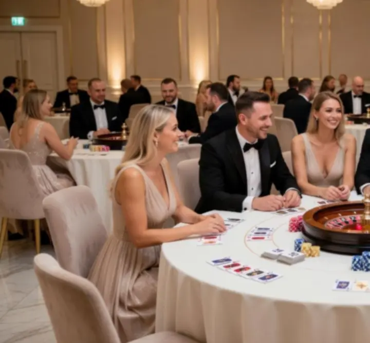 Eleganczna mobilna aranżacja stołów eventowych z kartami, żetonami i akcentami dekoracyjnymi