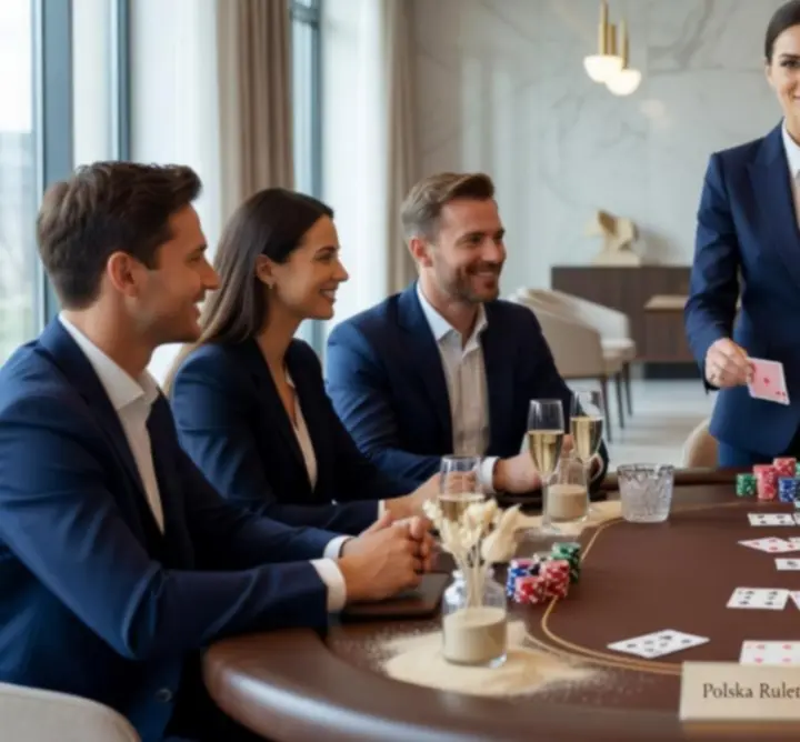 Profesjonalny krupier prowadzący rozgrywkę pokerową dla grupy gości
