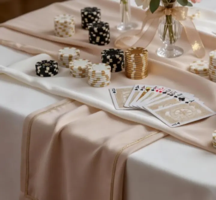 Luksusowe stoły eventowe z kartami, żetonami i eleganckimi dekoracjami świetlnymi
